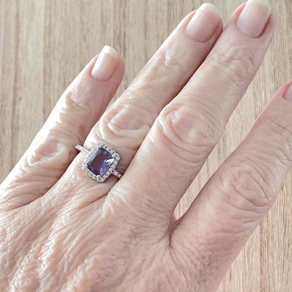 Radiant Simulated Amethyst Halo Ring - Platinum Plated - Picture 4 of 5